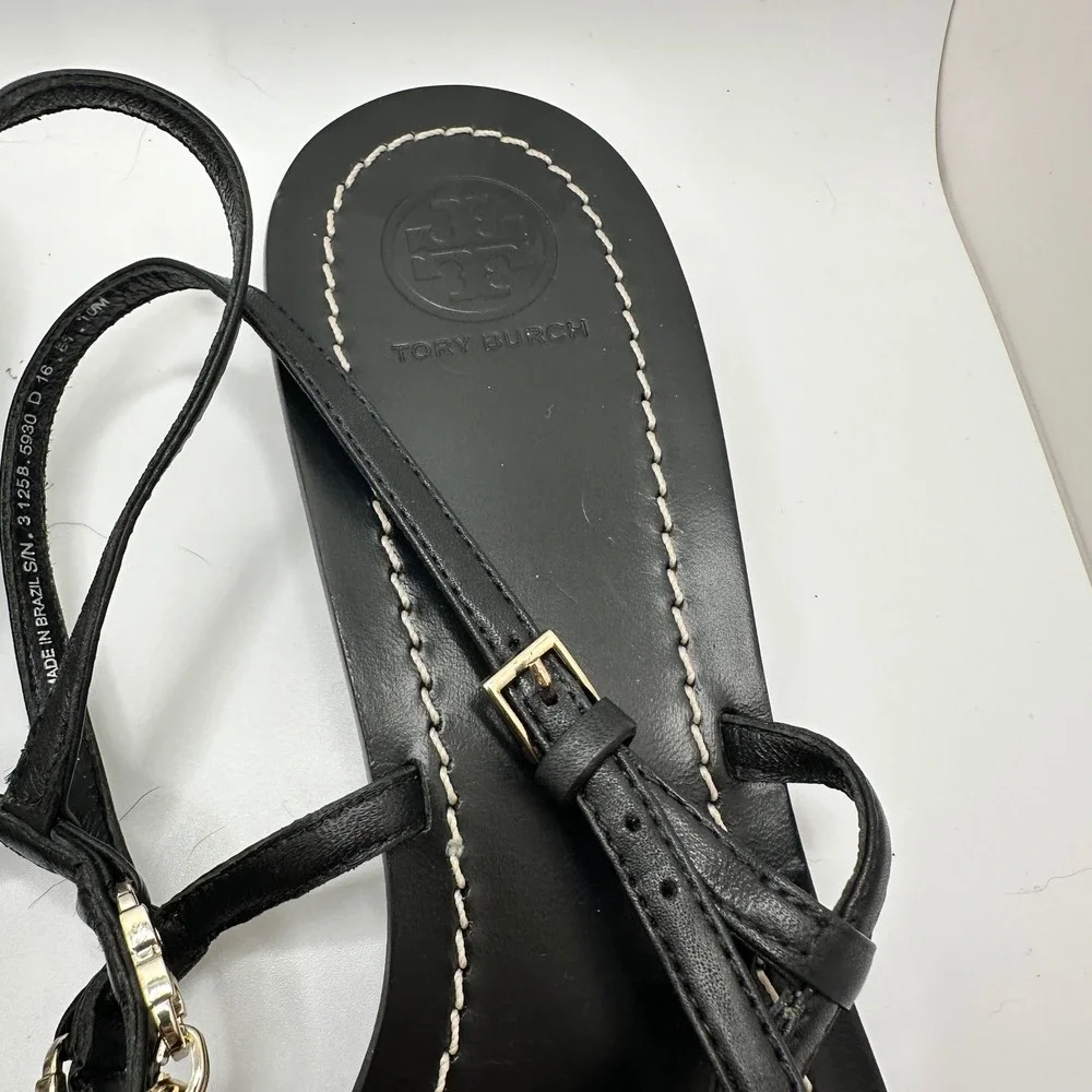 Tory‎ Burch Black Leather Gemini Chain Link Thong Sandals Gold Hardware Size 10M